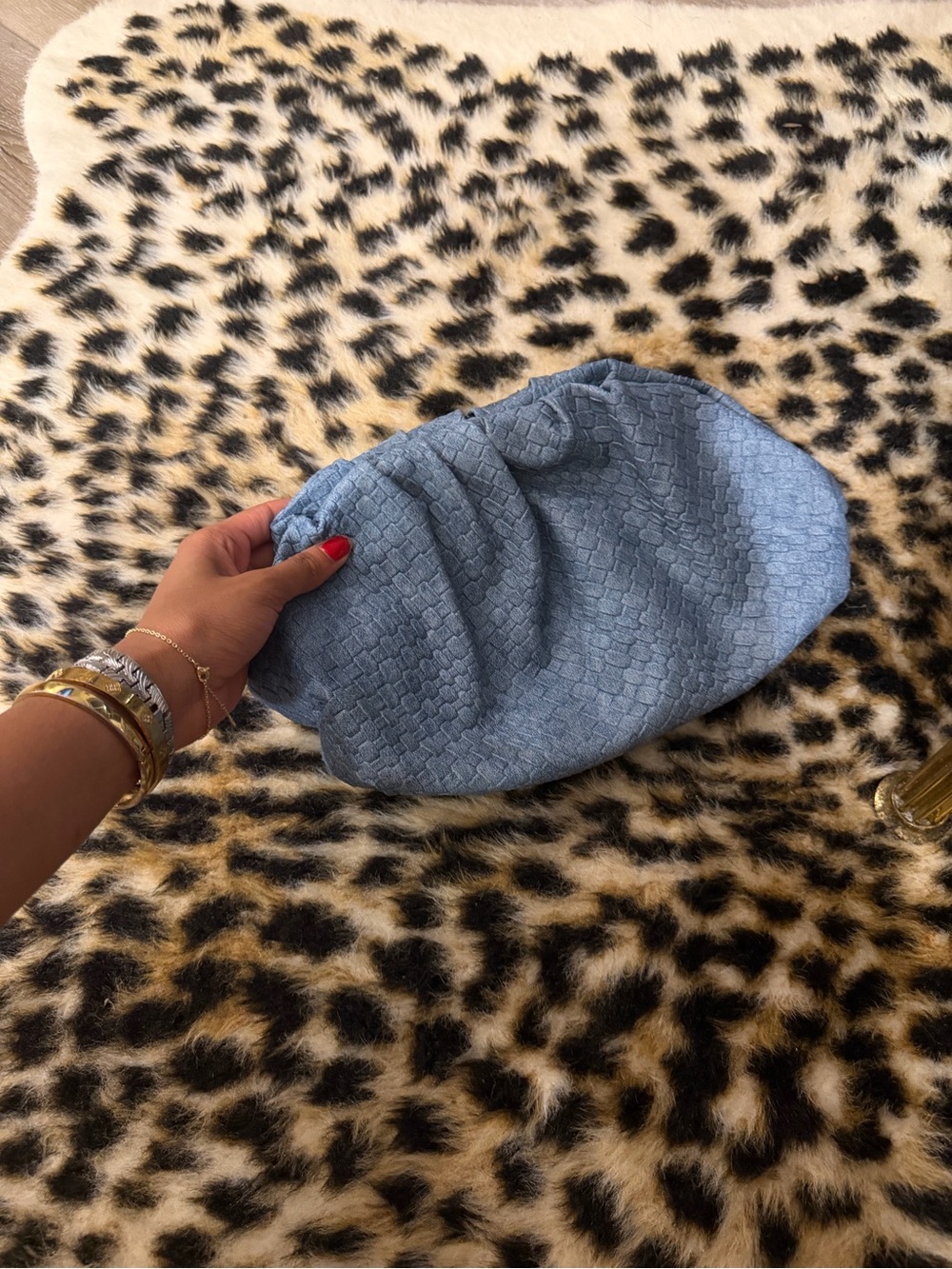 Blue Textured Gathered Clutch Bag